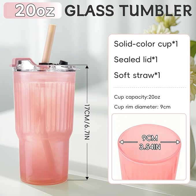 Iced Coffee Cups with Lids: Coffee Bar Accessories - Ribbed Glass Tumbler with Silicone Straw and Lid - 20oz Leak Proof Reusable Glass Cups and Tumblers with Lid and Silicone Straws(1Pcs-Pink)