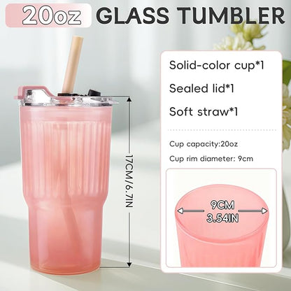Iced Coffee Cups with Lids: Coffee Bar Accessories - Ribbed Glass Tumbler with Silicone Straw and Lid - 20oz Leak Proof Reusable Glass Cups and Tumblers with Lid and Silicone Straws(1Pcs-Pink)