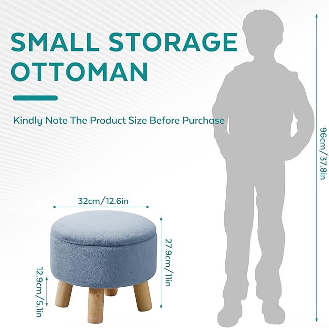 Small Foot Stool Ottoman with Storage, Faux Fur Ottoman Foot Rest for Couch, Round Footstool with Storage, Small Ottomans and Footstools for Living Room and Entryway (Light Blue)