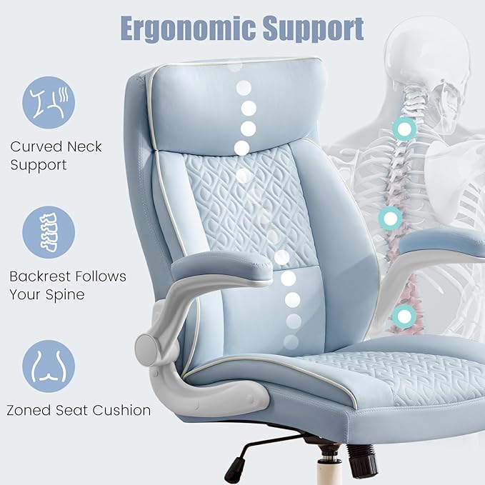 Executive Office Chair, Computer Desk Chair with Lumbar Support,Comfortable Leather Home Office Chairs 400lbs with Padded Flip-up Armrests, Adjustable Height, LightBlue