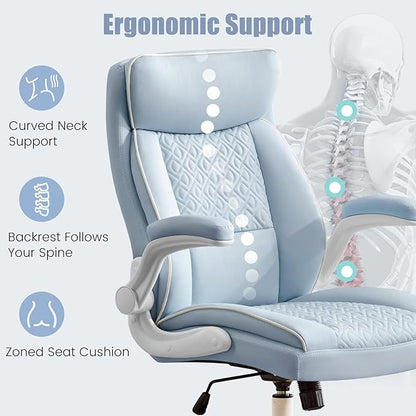 Executive Office Chair, Computer Desk Chair with Lumbar Support,Comfortable Leather Home Office Chairs 400lbs with Padded Flip-up Armrests, Adjustable Height, LightBlue