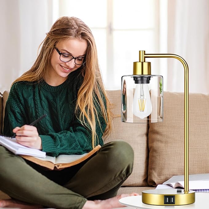 Industrial Touch Control Table Lamps Set of 2 - Gold Nightstand Bedside Lamps with 2 USB Ports & AC Outlet, 3-Way Dimmable Desk Lamp for Bedroom Living Room, Glass Shade & 2 LED Bulbs Included