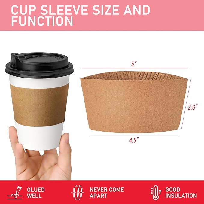 12 oz 50 Pack Coffee Cups with Lids and Sleeves, Hot Paper Coffee Cups with Lids, Disposable To Go Cup with Lid for Coffee, Tea, Hot Chocolate, Ideal for Cafes, Offices and Travel