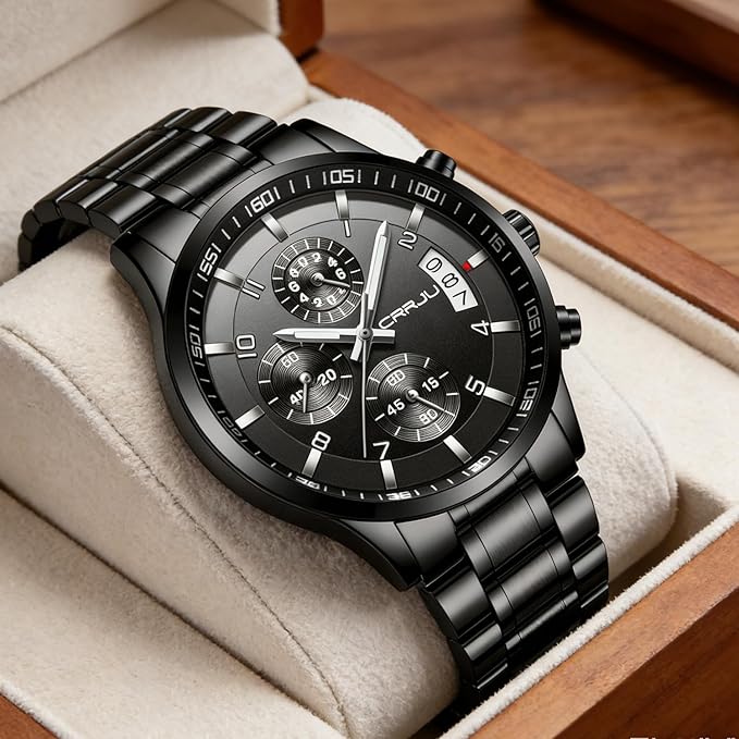 CRRJU Men's Fashion Stainless Steel Watches Date Waterproof Chronograph Wristwatches,Black Steel Band Waterproof Quartz Watch for Men