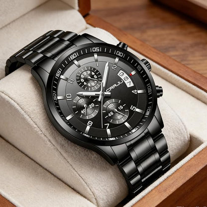 CRRJU Men's Fashion Stainless Steel Watches Date Waterproof Chronograph Wristwatches,Black Steel Band Waterproof Quartz Watch for Men