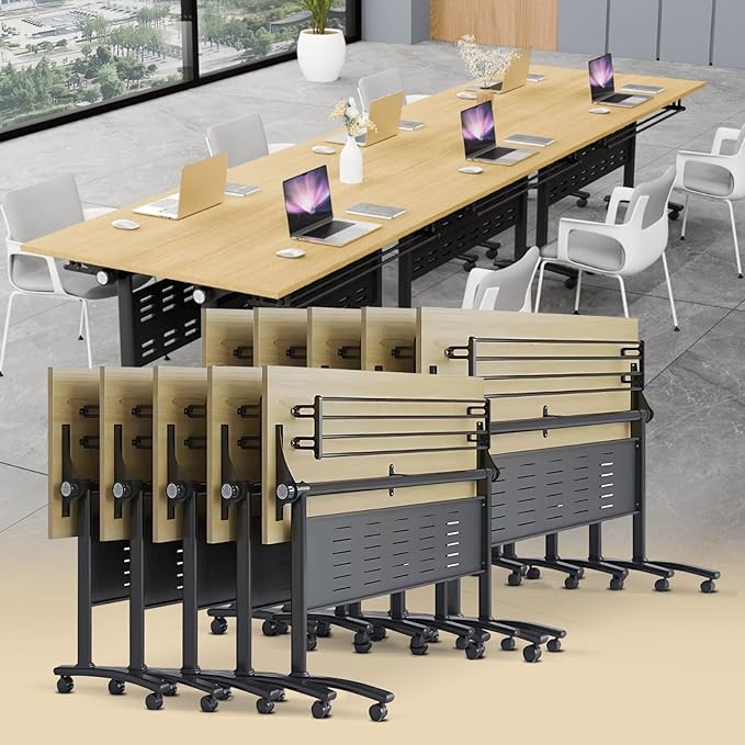 Conference Table Folding Conference Room Tables, Modern Mobile Meeting Training Table with Silent Wheels, Foldable Seminar Table for Offices, Classrooms, Libraries (10, Maple, 55.1in)