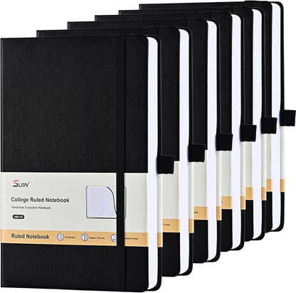SUIN Lined Journal Notebook, Leather Hardcover Journal for Work, School, Travel, 100 GSM Paper, 160 Pages, 5.5x8.3 Inch, College Ruled, Black, 6-Pack
