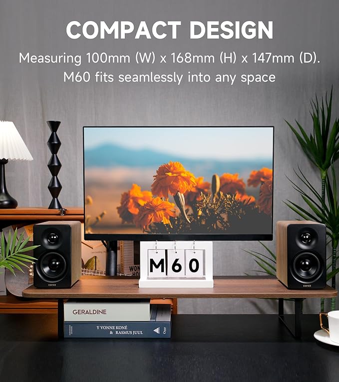 Edifier M60 Multimedia Speaker Bluetooth 5.3, 66W RMS, Hi-Res Audio & Hi-Res Wireless Audio, LDAC,3" Mid Bass & 1" Tweeter, USB-C & Aux Inputs, Compact Desktop Speaker – Classic Oak