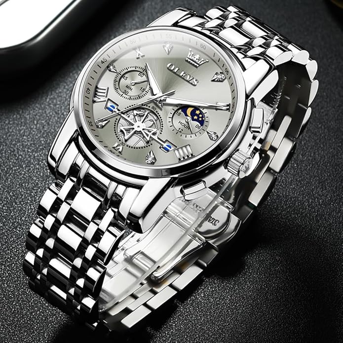 OLEVS Men Silver Watches,Men's Stainless Steel Chronograph Watch,Man Analog Quartz Big Face Male Watches Luxury Waterproof Roman Numeral Dress Diamond Relojes para Hombre