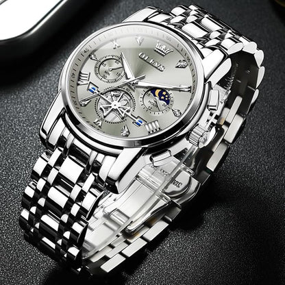OLEVS Men Silver Watches,Men's Stainless Steel Chronograph Watch,Man Analog Quartz Big Face Male Watches Luxury Waterproof Roman Numeral Dress Diamond Relojes para Hombre