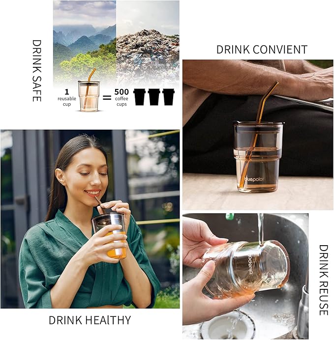 13oz/400ml Glass Water Tumbler with Straw and Lid Sealed Carry On Thick Wall Iced Coffee Cup Glass Cup for Water, Iced Tea Fruit Juice Etc (Amber-2PACK)