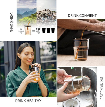 13oz/400ml Glass Water Tumbler with Straw and Lid Sealed Carry On Thick Wall Iced Coffee Cup Glass Cup for Water, Iced Tea Fruit Juice Etc (Amber-2PACK)