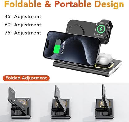 3 in 1 Charging Station for iPhone 17 - Wireless Charger for Apple Devices for iPhone 17 16 15 14 13 12 11 Pro Max - Foldable Wireless Charging Station Dock Stand for Apple Watch Series & AirPods