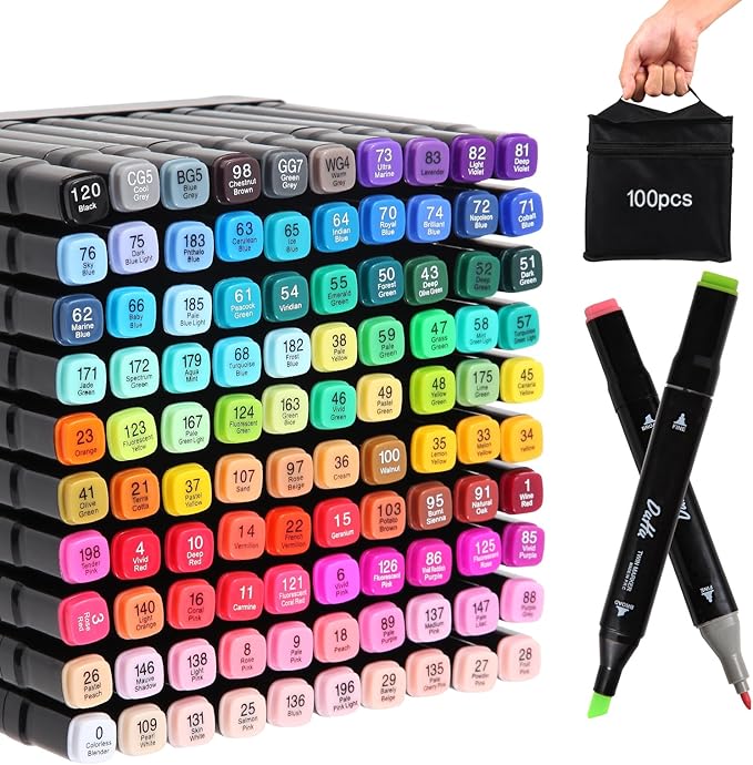 Duet Point Blender Markers for Kids and Adults: Professional Permanent Dual Tips Art Sketching Markers, 100 Colors