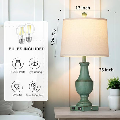 Farmhouse Table Lamps for Living Room, Rustic Touch Control Bedside Lamps with USB A+C Charging Ports & AC Outlet, Vintage 3-Way Dimmable Traditional Classic Nightstand Lamp for Bedroom Office Green