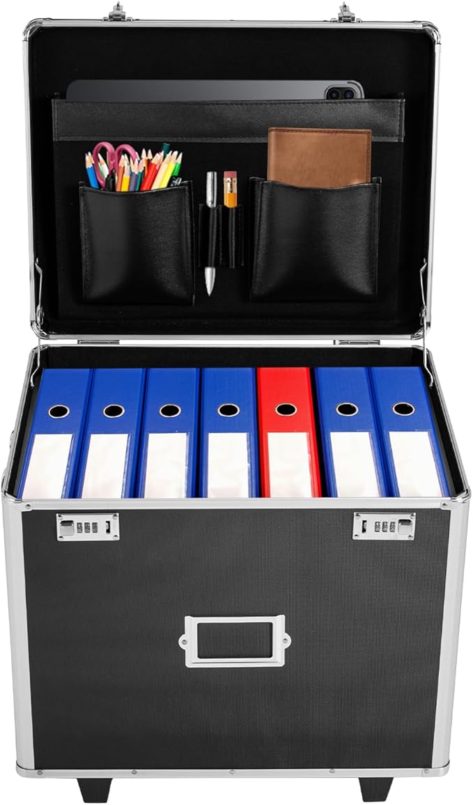 Portable Locking File Storage Box, Aluminum Alloy File Lock Box with Telescopic Handle, Mobile Busniness Case, File Cabinet for Office Home,Offices, Hospitals, Banks, 19.2x 15x 16 inches, Black