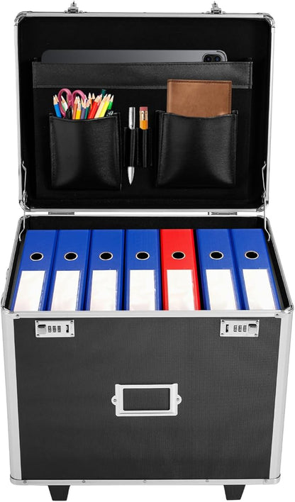 Portable Locking File Storage Box, Aluminum Alloy File Lock Box with Telescopic Handle, Mobile Busniness Case, File Cabinet for Office Home,Offices, Hospitals, Banks, 19.2x 15x 16 inches, Black