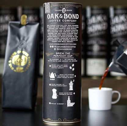 Rye Whiskey Barrel Aged Coffee, Costa Rica Single Origin Small Family Farm Whole Coffee Bean, Medium Roast w/Flavor Notes of Cocoa, Almond, Sweet Rye, Green Apple by Oak & Bond Coffee Co. – 10oz.