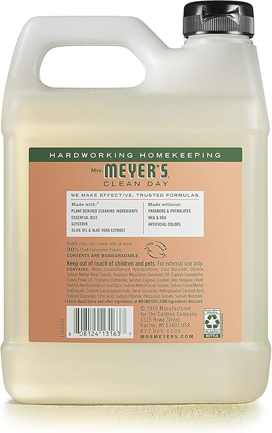 MRS. MEYER'S CLEAN DAY Hand Soap Refill, Made with Essential Oils, Biodegradable Formula, Geranium, 33 Fl. Oz (Pack Of 2)