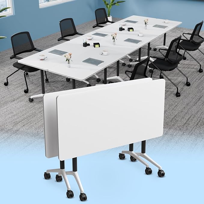 Conference Table, Foldable Conference Room Tables with Silent Wheels, Folding Modular Seminar Meeting Tables, Modern Rectangle Training Table for Office, Boardroom (2, White2, 55.1)