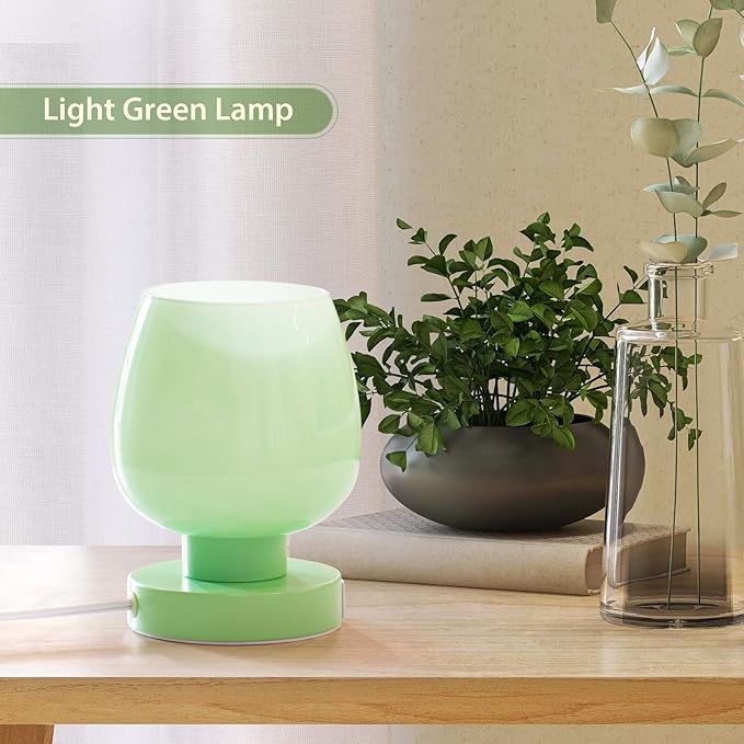 ONEWISH Touch Bedside Table Lamp with USB Charging - 3 Way Dimmable Small Glass Lamp for Bedroom, 2700K LED Bulb Included, Green, 2 Packs