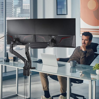 AVLT Dual 13"-43" Monitor Arm - Desk Mount for Two Flat/Curved Monitors - Full Motion Height Swivel Tilt Rotation Adjustable - Black/VESA/C-Clamp/Grommet/Cable Management
