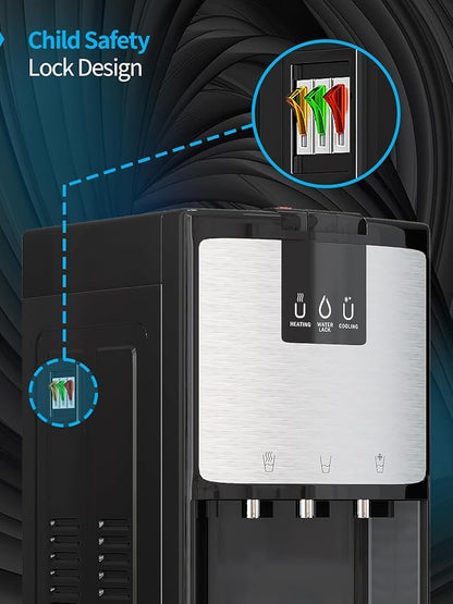 TABU Bottom Loading Water Cooler Dispenser with 3 Temperature Settings of Hot, Cold, Room Water, 3 or 5 Gallon Water Dispenser with Anti-Scalding & Child Safety Lock, Stainless Steel