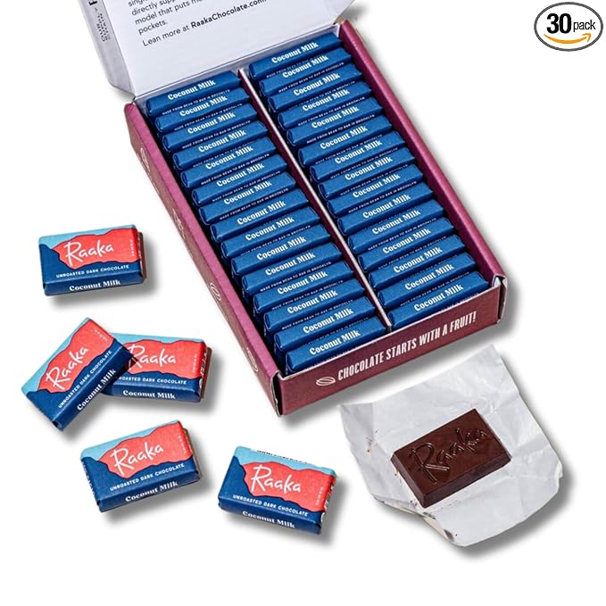 Raaka Coconut Milk Chocolate Gift Box | 60% Cacao Vegan Milk Chocolate | Organic, Vegan, Gluten Free | Box of 30 Individually Wrapped Chocolates