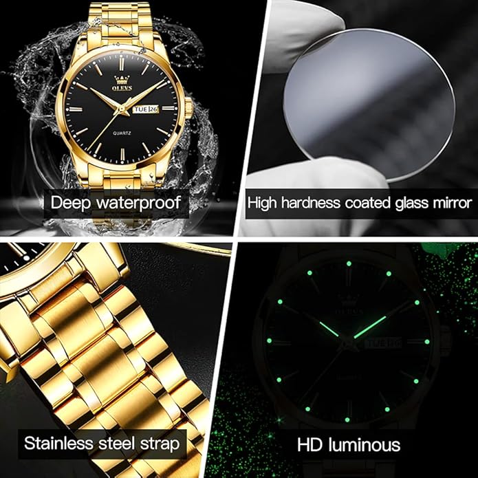 OLEVS Men's Luxury Watch Waterproof Luminous Easy Read Chronograph Watches Full Gold/White Dail/Black Face with Calendar Wristwatch