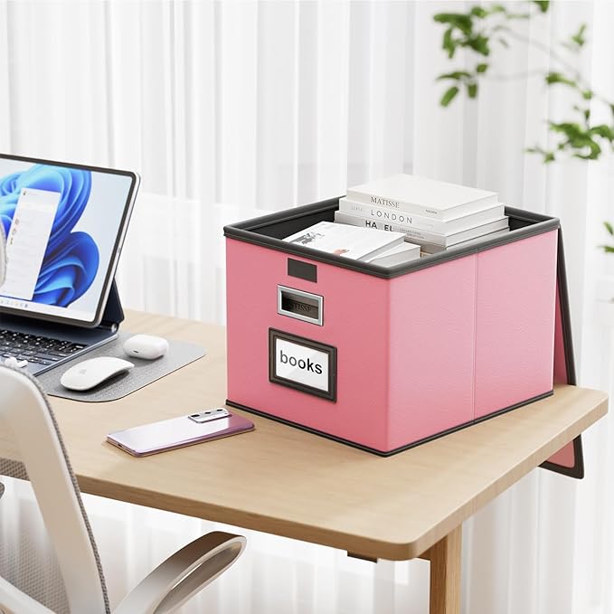 Huolewa Portable Leather File Organizer Storage Boxes, Collapsible File Folder Organizer Boxes with Lids, Document Organizer, Decorative Filing Box Cabinet for Letter/Legal File Folder Storage