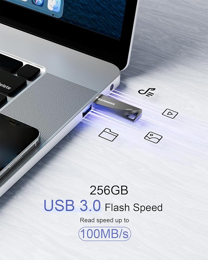 256GB USB 3.0 Flash Drive, Metal Waterproof & Slim Portable Memory Stick with Keychain Hole, Thumb Drive for PC/Laptop/Car/Travel Data Storage