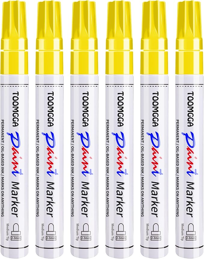 Yellow Permanent Paint Pens Paint Markers - 6 Pack Oil Based Markers, Quick Drying and Waterproof Marker Pen, Car Tire, Metal, Rock Painting, Wood, Ceramic, Plastic, Canvas, Mugs, Medium Tip