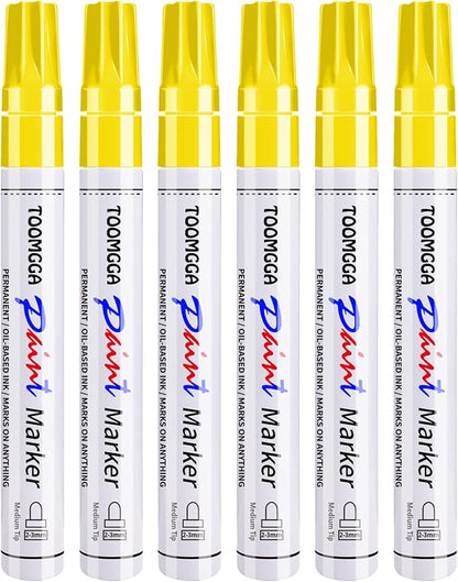 Yellow Permanent Paint Pens Paint Markers - 6 Pack Oil Based Markers, Quick Drying and Waterproof Marker Pen, Car Tire, Metal, Rock Painting, Wood, Ceramic, Plastic, Canvas, Mugs, Medium Tip