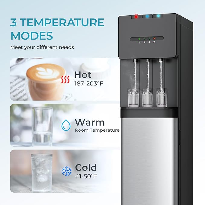EUHOMY Bottom Loading Water Cooler Dispenser for 5 Gallon Bottle, 3 Temperature Settings – Cold, Warm & Hot, with Child Lock, LED Display Light, Water Cooler for Home, Office, Apartment, Black