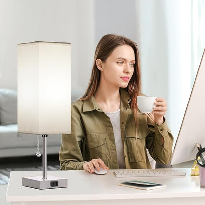Table Lamp for Bedroom set of 2,3-Color Bedside Lamps with Pull Chain Table Lamps for Nightstand with AC Outlets,18'' Night Light Lamps with 2 Bulbs Lamps for Living Room Kids Office Decor（Nickel）