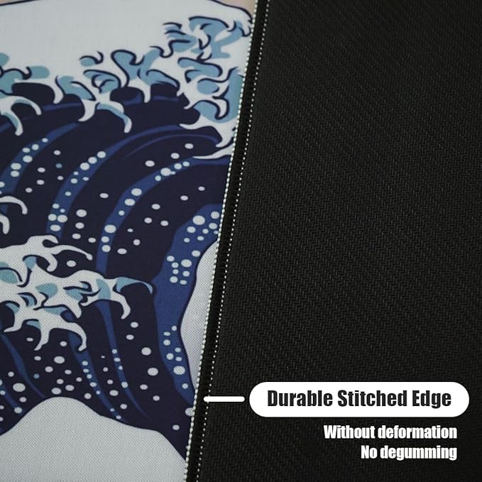 Large Japanese Sea Wave Mouse Pad, Blue Anime Desk Mat,Extended Non-Slip Keyboard Mouse Pad Kanagawa Office Desk Pad 23.6" x 11.8" Gaming Mouse Pad Desktop Protector for Office and Home