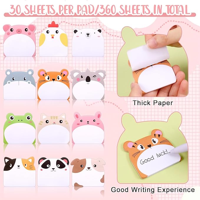 Cute Sticky Notes - 12 Animal Designs, 360 Sheets for Party Bags & Favors