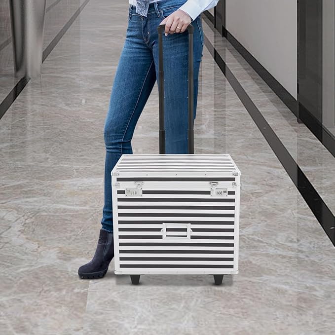 Mobile Business Case, Locking Mobile Storage File Box with Telescopic Handle, Rolling File Box Metal, 19.2 x 15 x 16 Inches, Portable Files Storage Organizer for Office Home School (Striped Pattern)