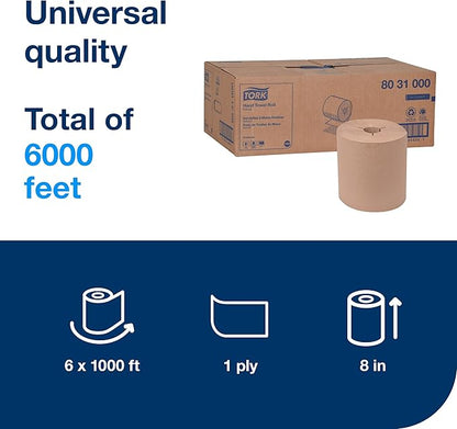 Tork Hand Towel Roll, Natural, Universal, H80, Extra Large, 100% Recycled, 1-Ply, 6 Rolls x 1000 ft, 8031000
