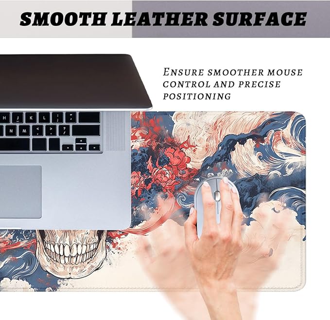 Japanese Skull Desk Mat Watercolor Wave Ocean Art Extended Gaming Mouse Pad Mat with Stitched Edge Non-Slip Base Big Mousepad 31.5"x11.8"