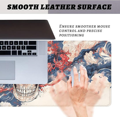 Japanese Skull Desk Mat Watercolor Wave Ocean Art Extended Gaming Mouse Pad Mat with Stitched Edge Non-Slip Base Big Mousepad 31.5"x11.8"