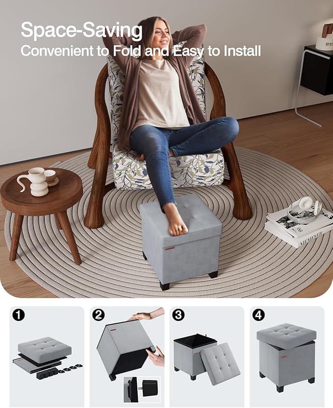Cube Storage Ottoman, Velvet Foot Stool with Feet, Folding Bench, End of Bed Bench, Storage Chest, for Living Room, Bedroom and Office, 15 x 15 x 15.7 Inches, Dove Gray, ASND22G