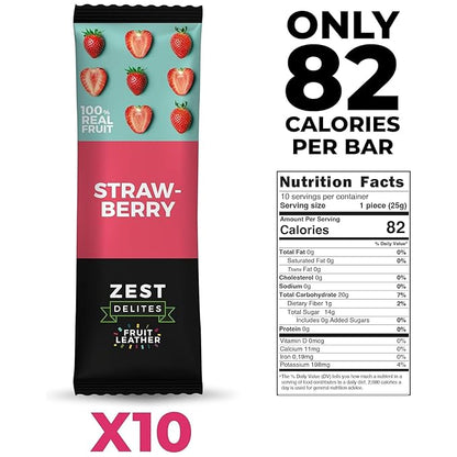 Dried Fruit Bars by Zest Delites, Fruit Leather Snacks, Strawberry Strips, Healthy Snacks Pack for Adults & Kids, Lavashak, Vegan, Apple-Based, Strawberry, 0.88 oz x 10