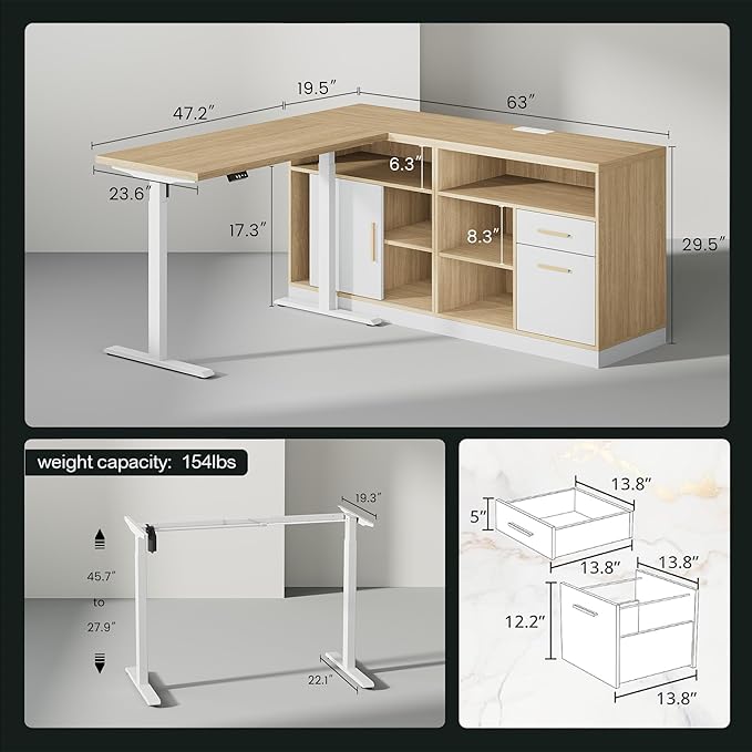 Home Office Furniture Set, 114" Standing Desk with 2 File Cabinets, AC/USB, Extra Long Double Desk for 2 Person, Electric Height Adjustable for Home and Office, Light Walnut