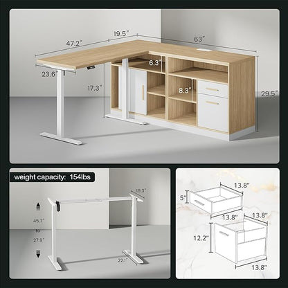 Home Office Furniture Set, 114" Standing Desk with 2 File Cabinets, AC/USB, Extra Long Double Desk for 2 Person, Electric Height Adjustable for Home and Office, Light Walnut