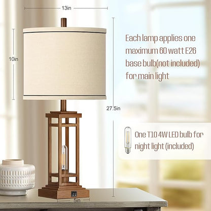 ROTTOGOON 27.5 Tall Farmhouse Table Lamp with USB C + USB A Charge Ports, Rustic Living Room Lamp, Black Industrial End Table Lamp for Bedroom Living Room Nightstand (Wood)