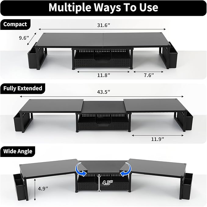 OPNICE Desk Dual Monitor Stand Riser - Desk Organizer with Drawer and Pen Holders, Office Desk Accessories & Workspace Organization, Computer Monitor Stand for Laptop, Printer, TV(Black Wood)
