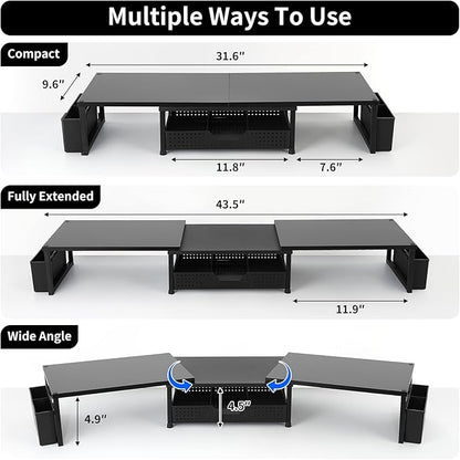 OPNICE Desk Dual Monitor Stand Riser - Desk Organizer with Drawer and Pen Holders, Office Desk Accessories & Workspace Organization, Computer Monitor Stand for Laptop, Printer, TV(Black Wood)