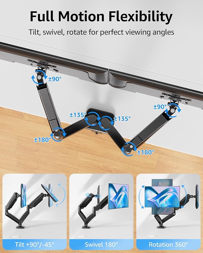 MOUNTUP Dual Monitor Stand for Desk, Gas Spring Monitor Arms for 2 Monitors 32 27 24 22 Inches, Height Adjustable Double Monitor Mount, VESA Mount with C-Clamp & Grommet Base, Holds 4.4-17.6lbs, Black