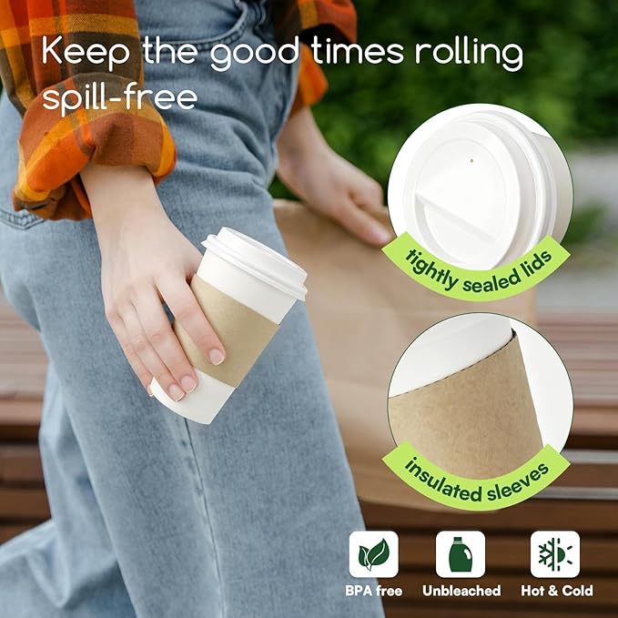Paper Cups 12 oz Disposable Coffee Cups with Lids and Sleeves,100 Pack To Go Hot Cups with Lids & Kraft Sleeves, BPA Free Leak Proof Disposable Cups for Everyday Use Cafe Office Coffee Bar Essentials